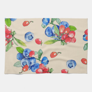 Goji, bosbes: waterverf illustratiepatroon. theedoek