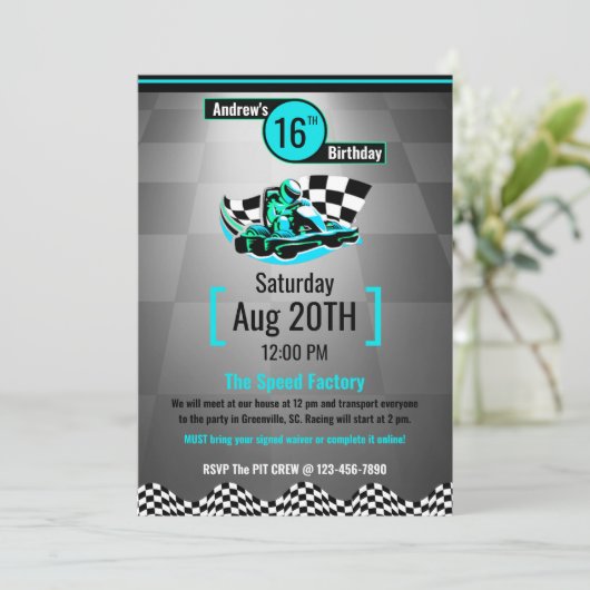 GoKart Party-uitnodiging - Blue Speed Racer Kaart (Staand voorkant)