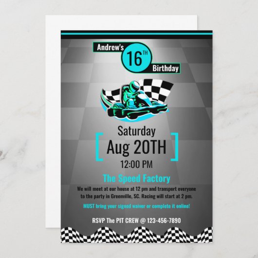 GoKart Party-uitnodiging - Blue Speed Racer Kaart (Voorkant / Achterkant)