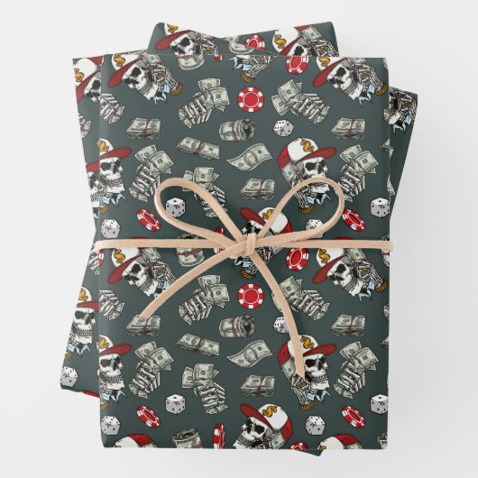 Gokken dobbelstenen poker chips schedel patroon inpakpapier vel (In situ)