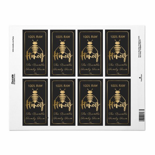 Gold 100% Raw Honey Bee Label Apiary (Full Sheet)