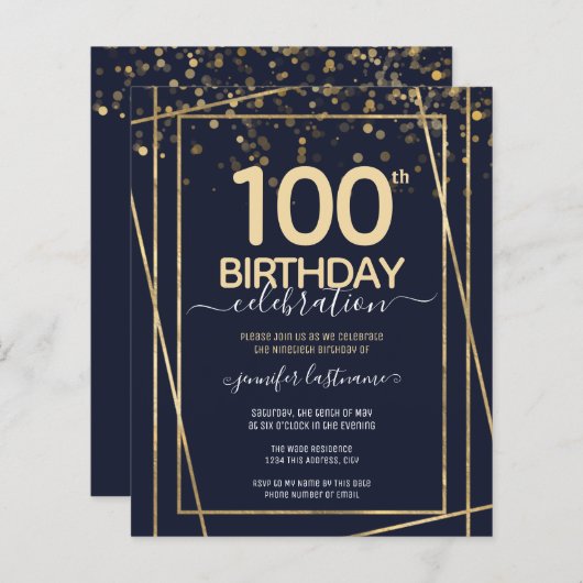 Gold 100th Birthday Party Budget Invitation (Voorkant / Achterkant)