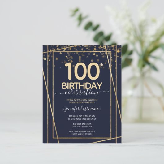 Gold 100th Birthday Party Budget Invitation (Staand voorkant)