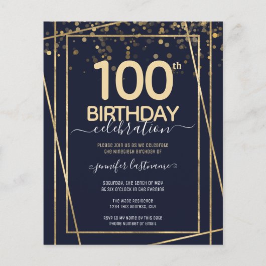 Gold 100th Birthday Party Budget Invitation (Voorkant)