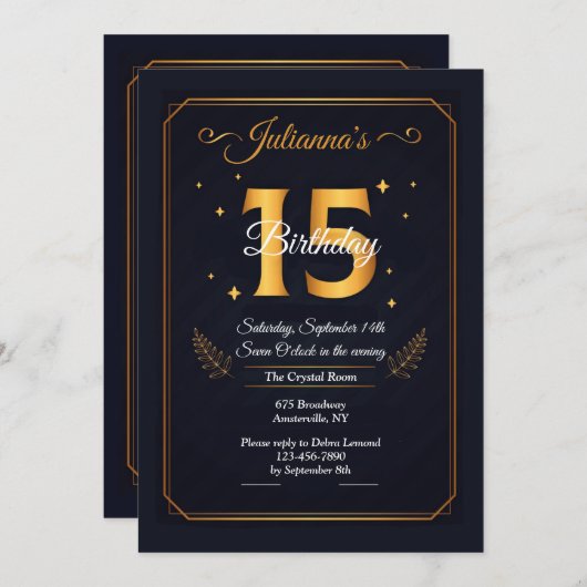 Gold 15 verjaardagsuitnodiging kaart (Voorkant / Achterkant)
