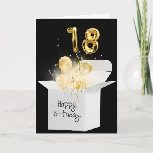 Gold 18e verjaardag ballonnen in witte doos kaart (Voorkant)