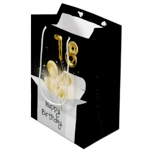 Gold 18e verjaardag ballonnen in witte doos medium cadeauzakje