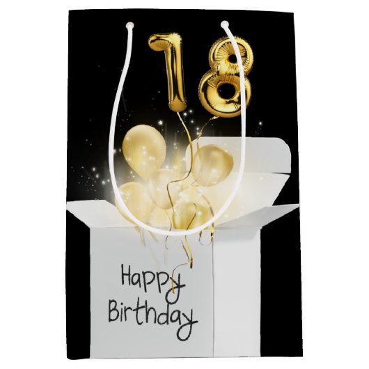 Gold 18e verjaardag ballonnen in witte doos medium cadeauzakje (Voorkant)