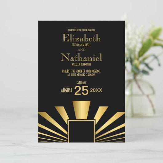 Gold 1920s Art Deco Wedding Invitation Kaart (Staand voorkant)