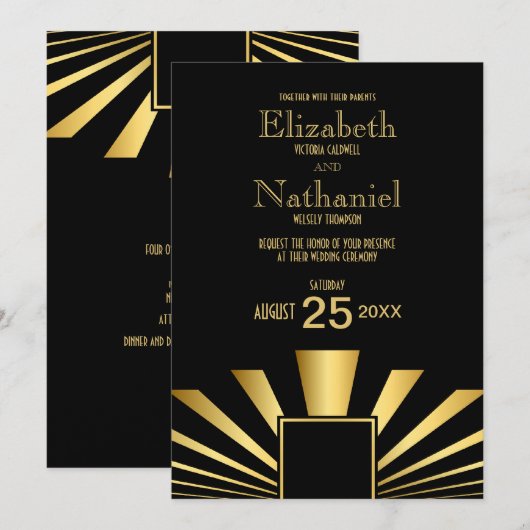 Gold 1920s Art Deco Wedding Invitation Kaart (Voorkant / Achterkant)