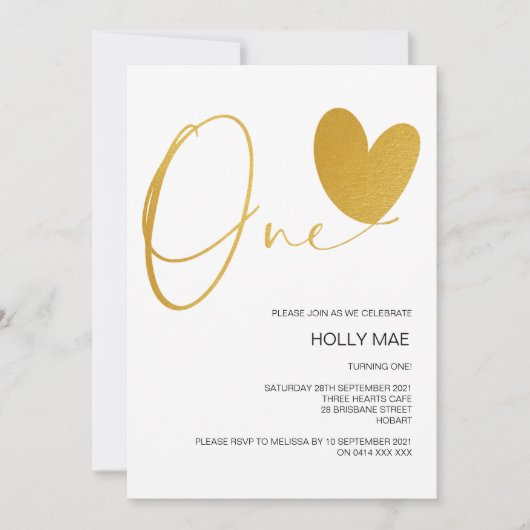 Gold 1st Birthday Uitnodiging op één dag harthart (Voorkant)