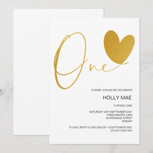 Gold 1st Birthday Uitnodiging op één dag harthart (Voorkant / Achterkant)