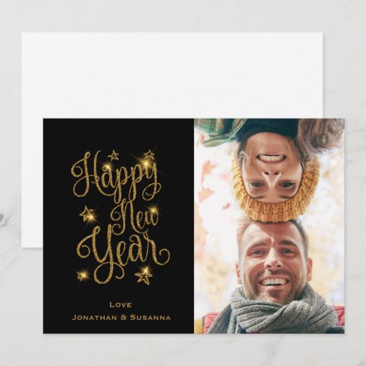 Gold 2022 Stars & Glitter Happy Nieuwjaarsfoto Feestdagenkaart (Voorkant / Achterkant)