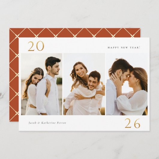 Gold 2024 Nieuwjaar 3 Foto Vakantie Kaart (Voorkant / Achterkant)