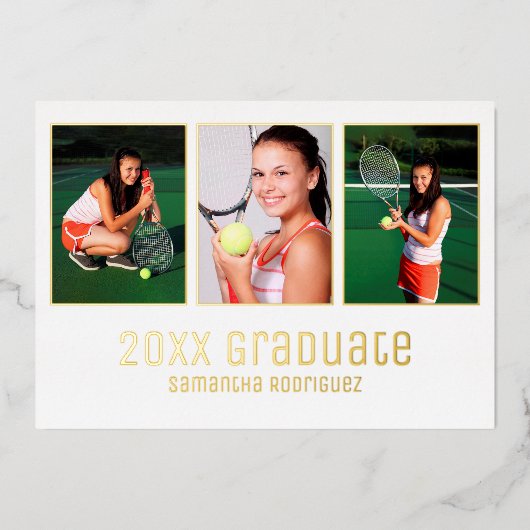 Gold 2025 Afstuderen 3 foto afstudeerfeest Folie Uitnodiging (Voorkant)