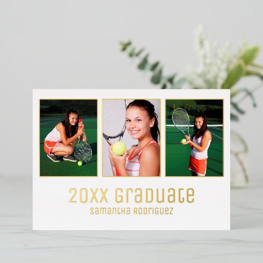 Gold 2025 Afstuderen 3 foto afstudeerfeest Folie Uitnodiging (Staand Voorkant)