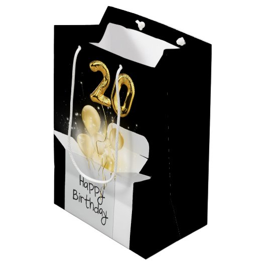 Gold 20th Birthday-ballonnen in White Box Medium Cadeauzakje (Voorkant Gekanteld)