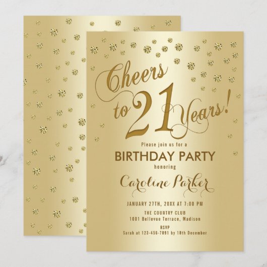 Gold 21st Birthday Party Kaart (Voorkant / Achterkant)