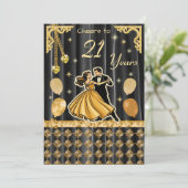 Gold 21st Birthday with Dancing Couple Invitation Kaart (Staand voorkant)