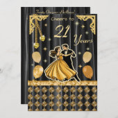 Gold 21st Birthday with Dancing Couple Invitation Kaart (Voorkant / Achterkant)