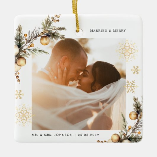 Gold 2 Photo 1st Christmas Married Merry Mr & Mrs Keramisch Ornament (Voorkant)