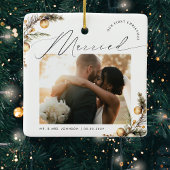 Gold 2 Photo 1st Christmas Married Merry Mr & Mrs Keramisch Ornament