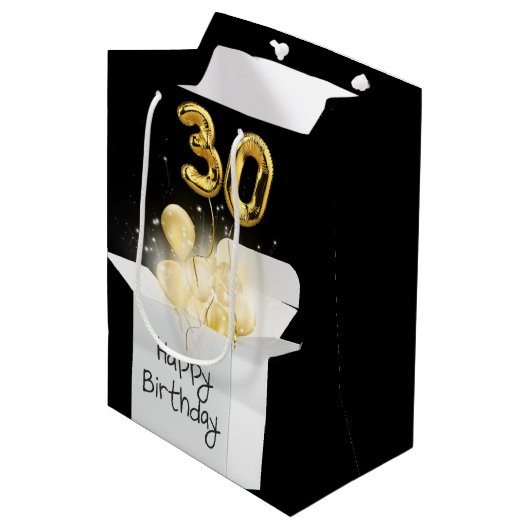 Gold 30th Birthday-ballonnen in doos Medium Cadeauzakje (Voorkant Gekanteld)