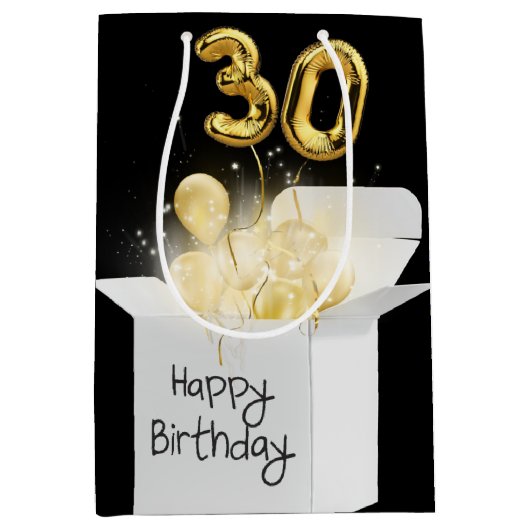 Gold 30th Birthday-ballonnen in doos Medium Cadeauzakje (Voorkant)