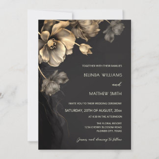 Gold 3 D Flowers Black Wedding Invitation Kaart