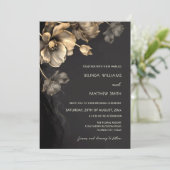 Gold 3 D Flowers Black Wedding Invitation Kaart (Staand voorkant)