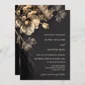 Gold 3 D Flowers Black Wedding Invitation Kaart (Voorkant / Achterkant)