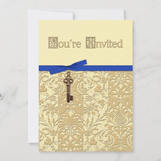 Gold 3D Damask met Key Charm en Bow Invite Kaart (Voorkant)