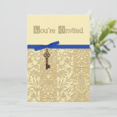 Gold 3D Damask met Key Charm en Bow Invite Kaart (Staand voorkant)