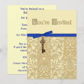 Gold 3D Damask met Key Charm en Bow Invite Kaart (Voorkant / Achterkant)