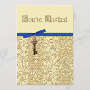 Gold 3D Damask met Key Charm en Bow Invite Kaart
