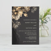 Gold 3D Flowers Black Wedding Invitation Kaart (Staand voorkant)