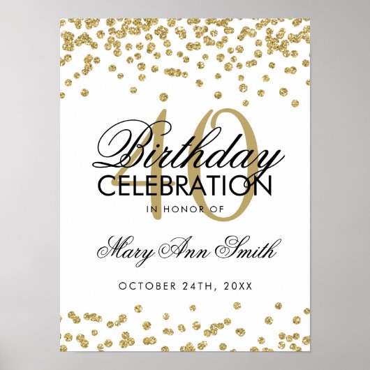 Gold 40th Birthday Glitter Confetti White Poster (Voorkant)