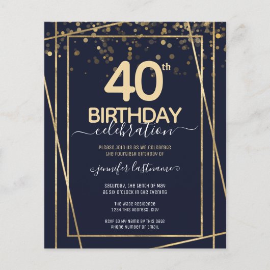 Gold 40th Birthday Party Budget Invitation (Voorkant)