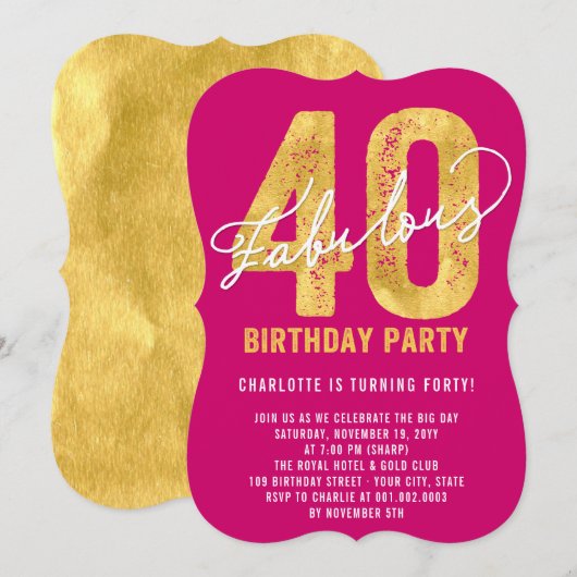Gold 40th Birthday Party & Fabulous Kaart (Voorkant / Achterkant)