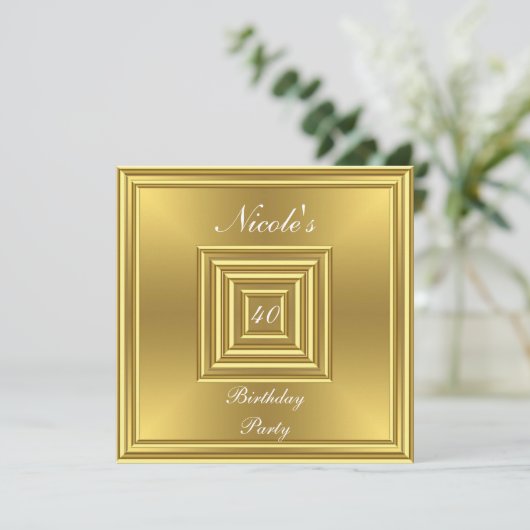 Gold 40th Birthday Party Invitation Kaart (Staand voorkant)