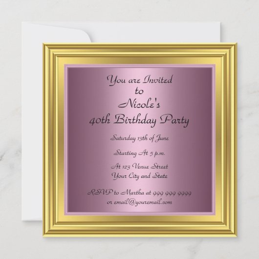 Gold 40th Birthday Party Invitation Kaart (Achterkant)