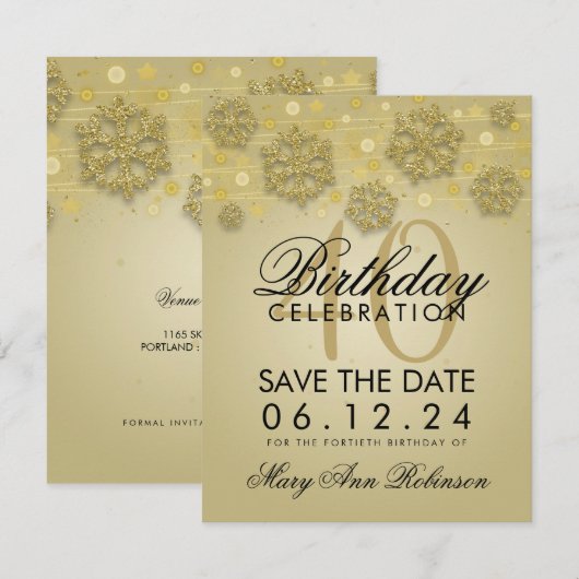 Gold 40th Birthday Save Date Winter Kaart (Voorkant / Achterkant)