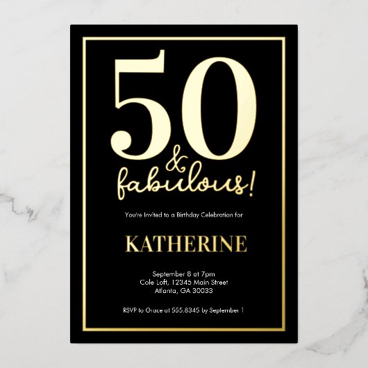 Gold 50 and Fabulous 50th Birthday Foil Invitation Folie Uitnodiging (Voorkant)