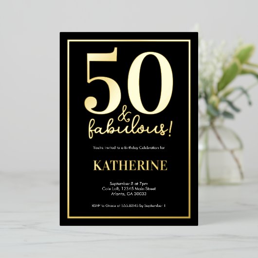 Gold 50 and Fabulous 50th Birthday Foil Invitation Folie Uitnodiging (Staand Voorkant)