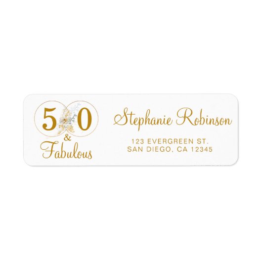 Gold 50 Fabulous Birthday Script Return-adres Etiket (Voorkant)