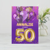 Gold 50 jaar oud Confetti Paars 50e verjaardag Kaart (Staand voorkant)