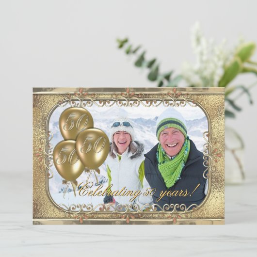 Gold 50e Jubileum ballonfotouitnodiging Kaart (Staand voorkant)
