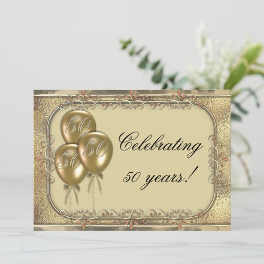 Gold 50e Jubileum Ballonpartij uitnodiging (Staand voorkant)