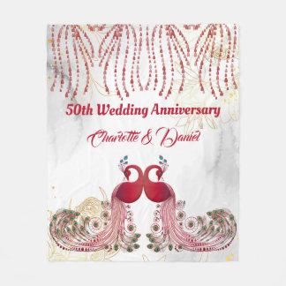 Gold 50e Jubileum Red Peacock Love Wing Heart Fleece Deken