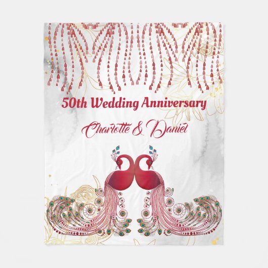 Gold 50e Jubileum Red Peacock Love Wing Heart Fleece Deken (Voorkant)